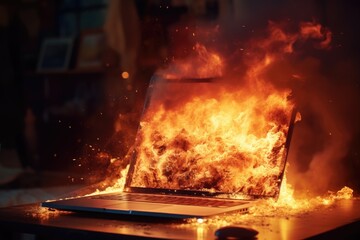 Poster - A laptop engulfed in flames sits on a table, creating a dangerous and intense scene. Perfect for illustrating technology malfunctions or cybersecurity issues