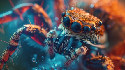 Poster - A detailed close-up of a spider covered in glistening water droplets. Perfect for nature enthusiasts and those looking to add a touch of intrigue to their projects