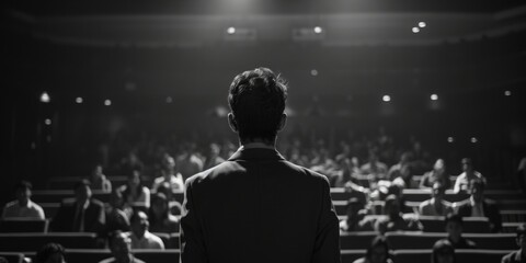 Aufkleber - A man standing confidently in front of a large crowd. Suitable for business, leadership, and public speaking concepts
