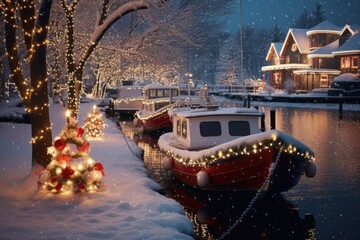 Aufkleber - A row of boats covered in snow next to a tree. Can be used to depict a winter landscape or a serene winter scene
