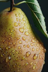 Poster - A detailed close-up view of a pear with water droplets, showcasing its freshness. Ideal for food and nutrition-related projects