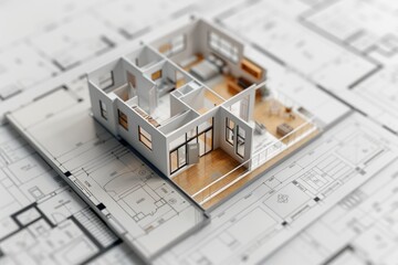 Sticker - A model of a house placed on top of blueprints. This image can be used to represent architectural design, construction plans, or real estate projects