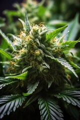 Poster - Close up view of a marijuana plant with vibrant green leaves. Perfect for cannabis-related content or educational materials on plant biology
