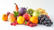 A bountiful selection of fresh, vibrant fruits are scattered artfully on the pristine white background