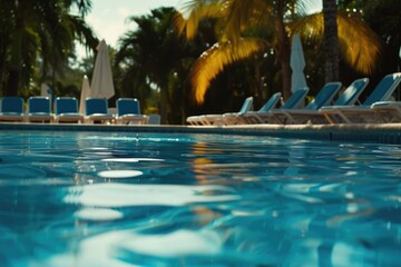 Poster - A picture of a pool with lounge chairs and umbrellas in the background. Perfect for showcasing a relaxing and sunny vacation destination