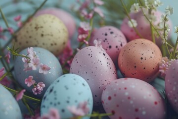 Poster - A close-up view of a bunch of eggs with flowers. Perfect for Easter-themed designs and spring-related concepts