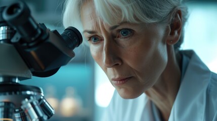 Wall Mural - A woman is seen looking through a microscope, examining something closely. This image can be used to illustrate scientific research, laboratory work, or education