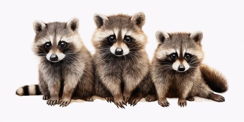 Aufkleber - Three raccoons sitting next to each other on a white surface. Perfect for animal lovers or nature-themed designs