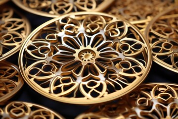 A close-up view of a bunch of gold circles. This image can be used for various design projects