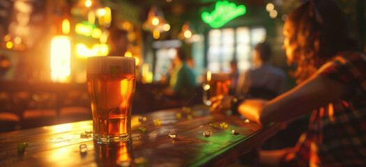 Poster - Woman sitting at a bar, holding a glass of beer. Suitable for depicting socializing, nightlife, and leisure activities