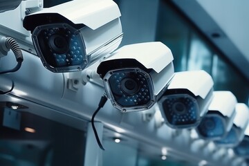 Poster - A row of surveillance cameras mounted on the side of a building. Can be used for security concepts or to depict surveillance