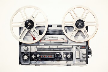 Poster - A drawing of a tape recorder with two reels. Can be used to illustrate the concept of audio recording or vintage technology