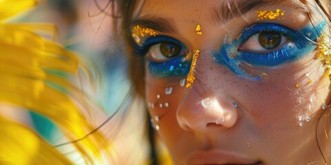 Poster - A close-up view of a person wearing blue and yellow makeup. This image can be used for various creative projects and makeup tutorials