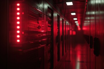 Wall Mural - A row of servers with red lights in a server room. Ideal for illustrating technology, data storage, or network security concepts