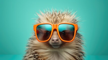 Poster - A hedge wearing sunglasses stands out against a vibrant blue background. Perfect for adding a touch of whimsy to any project or design