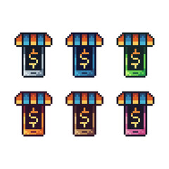 Poster - Pixel art sets icon of phone shop in variation color.Phone shop icon on pixelated style. 8bits perfect for game asset or design asset element for your game design. Simple pixel art icon asset.