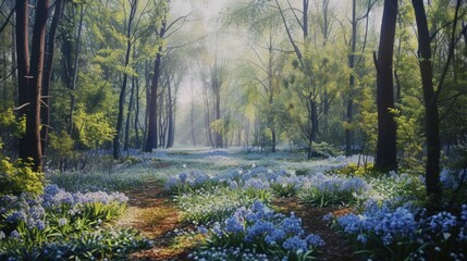 Poster - A painting depicting a path through a serene forest. Perfect for adding a touch of nature to any space
