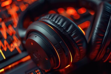 Poster - A pair of headphones placed on top of a keyboard. This versatile image can be used to represent music, technology, work, or relaxation