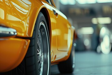 Aufkleber - A detailed view of a yellow car parked inside a garage. Perfect for automotive enthusiasts or car-related content