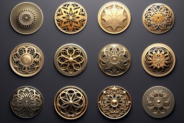 Poster - A collection of metal buttons arranged on a black surface. Can be used for fashion design, sewing projects, or clothing accessories.