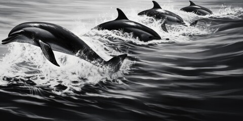 Poster - A group of dolphins swimming in the ocean. Perfect for marine life enthusiasts and nature lovers