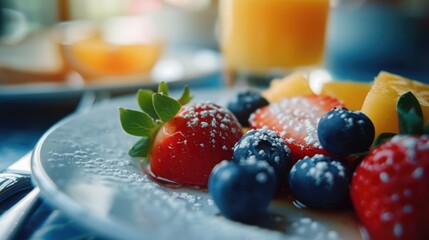 Poster - A white plate filled with a variety of fresh fruit, accompanied by a refreshing glass of orange juice. Perfect for a healthy breakfast or a summer brunch