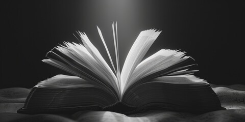 Poster - A black and white photo of an open book. Suitable for educational, literary, or nostalgic themes