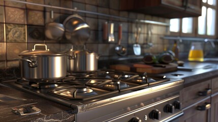 Poster - A kitchen with a stove and pots. Suitable for cooking and culinary concepts