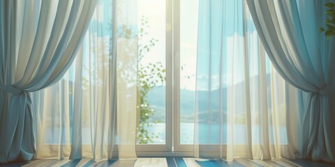 Poster - A window with curtains and a plant in front of it. Perfect for home decor or interior design projects