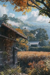 Aufkleber - A picturesque scene of a small house nestled in the middle of a vibrant corn field. Perfect for agricultural themes and rural landscapes