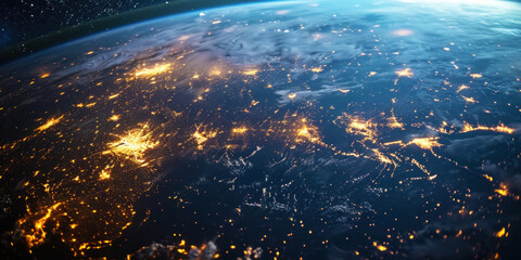 Wall Mural - big city lights view from space. planet earth globe with night realistic world map. communication co