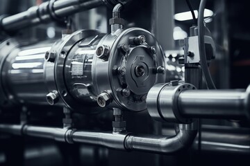 Poster - A detailed view of a machine featuring various pipes and valves. This image can be used to illustrate industrial processes or mechanical systems.