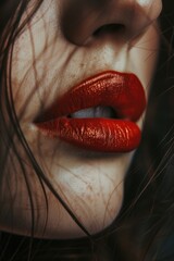 Poster - Close-up shot of a woman's lips with vibrant red lipstick. Perfect for beauty, fashion, or makeup-related projects