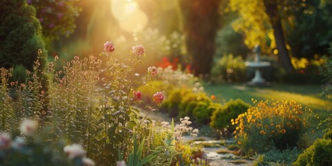 Poster - A vibrant garden filled with a variety of colorful flowers and lush trees. Perfect for adding a touch of nature and serenity to any project or design