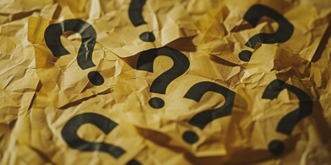 Poster - A pile of crumpled paper with question marks on it. Can be used to represent confusion, uncertainty, or searching for answers.