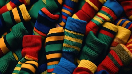 Aufkleber - A pile of multicolored striped socks. Perfect for adding a pop of color to any outfit or for showcasing a vibrant sock collection