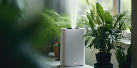 Poster - A white air purifier sits next to a potted plant. This image can be used to depict a clean and healthy indoor environment