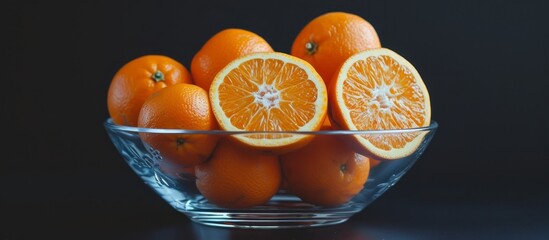 Wall Mural - Fresh ripe oranges in a ceramic bowl on a rustic wooden table, natural sunlight