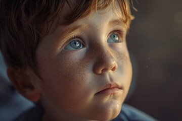 Poster - A close up photograph of a child with freckles on their face. This image can be used to depict innocence, childhood, or diversity