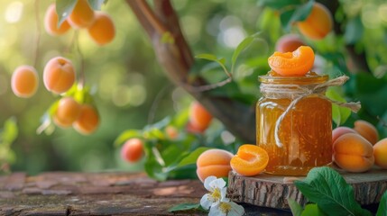 Poster - A jar of apricots sitting on top of a tree stump. Perfect for food and fruit-related designs