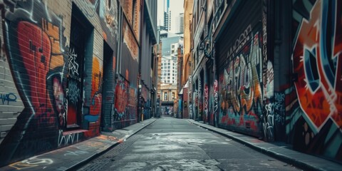 Poster - A picture of a narrow alleyway adorned with colorful graffiti. This image captures the vibrant and urban atmosphere of street art.