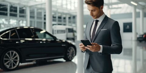 Aufkleber - A man dressed in a suit is looking at his cell phone. This image can be used to illustrate modern business communication and technology