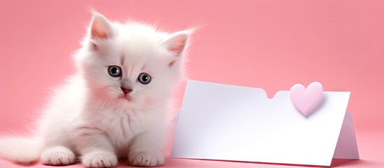Poster - White Scottish Straight kitten cute and funny beautiful kitten Festive kitten on a postcard White kitten lies on its blood. Creative Banner. Copyspace image