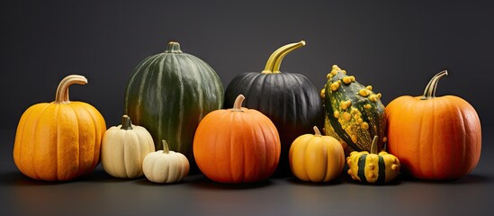 Poster - Sugar pumpkins are members of C pepo and can come in a variety of colors but generally are smooth ish round thin skinned and medium sized. Creative Banner. Copyspace image