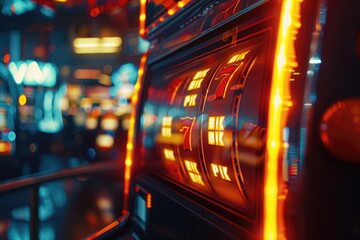 Poster - A detailed view of a slot machine at a bustling casino. Perfect for illustrating the excitement and thrill of gambling.