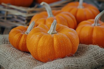Poster - A bunch of small orange pumpkins sitting on top of a table. Suitable for autumn and harvest-themed designs