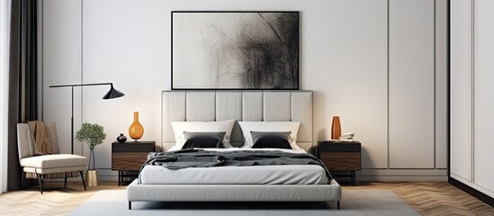 Wall Mural - Nice modern bedroom with white walls with a relief picture and a parquet with a multicolored carpet There is a bed with gray linens and pillows dark lamps black nightstand tall floor mirror