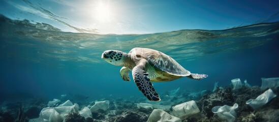 Sticker - Sea turtle swimming in ocean invaded by plastic bottles Pollution in oceans concept. Creative Banner. Copyspace image