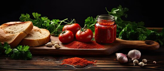 Aufkleber - Slices of bread with a tomato paste parsley and tomatoes with garlic on a kitchen board. Creative Banner. Copyspace image