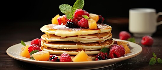 Poster - Sweet homemade pancakes with fruits on white plate. Creative Banner. Copyspace image